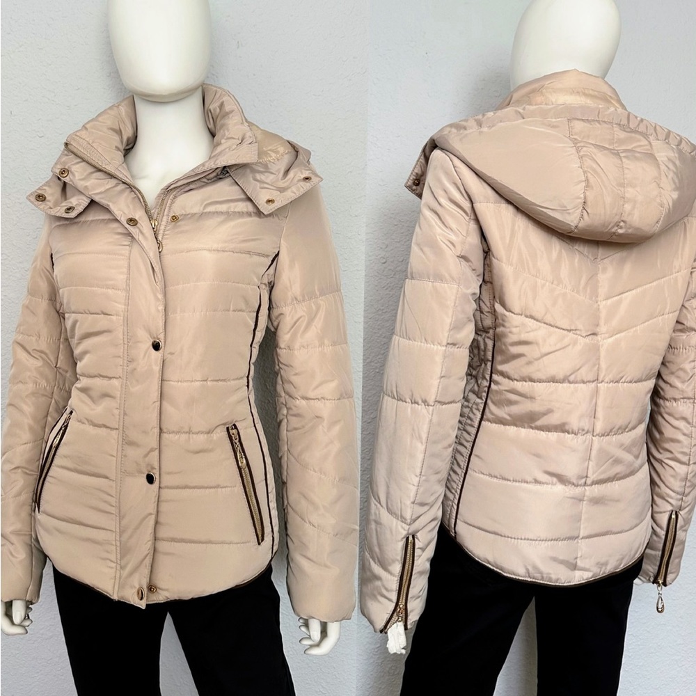 NWT WOMEN’S QUILTED PUFFER ZIPPED HOODED LINED JACKET IN BEIGE‎